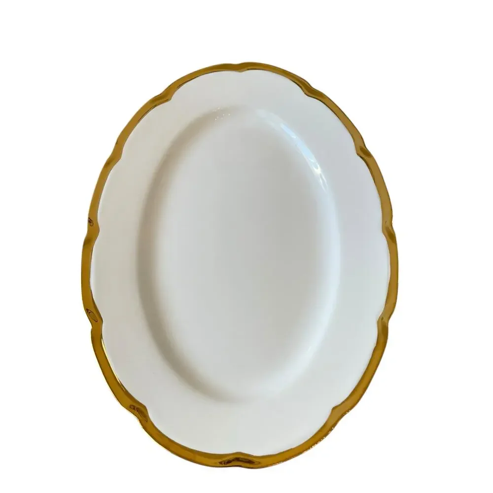 Yedi White Oval Serving Platter 14in Ceramic Gold Rim New